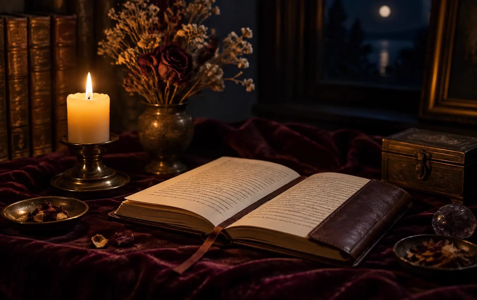 A softly lit candle beside an open journal and dried roses on deep burgundy velvet